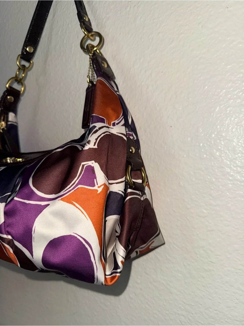 Coach Brown Leather-Trim Multicolor Circle Print Shoulder Bag